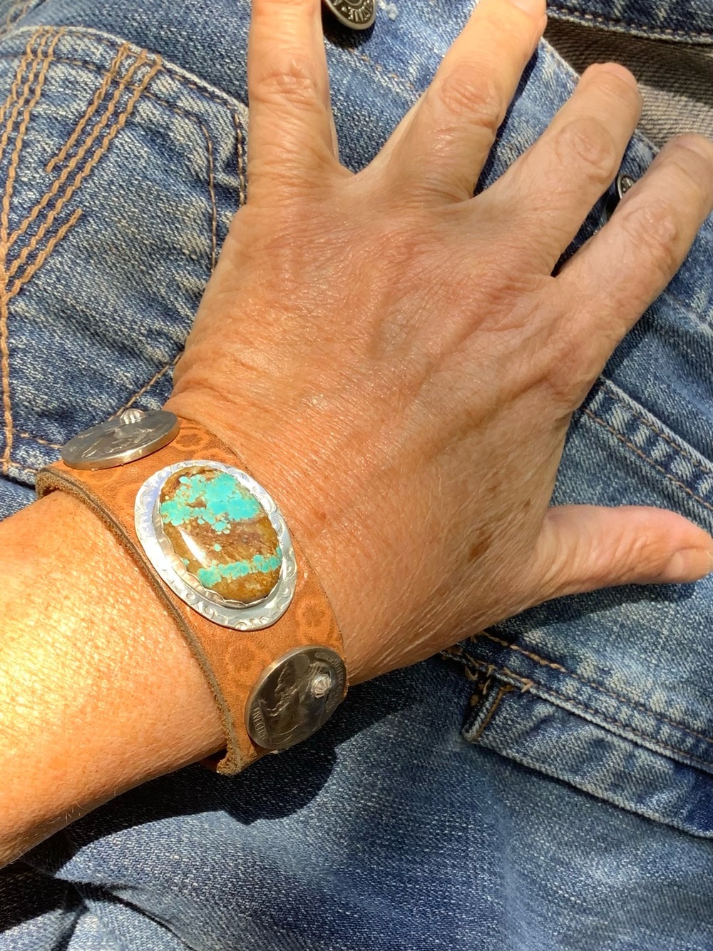 Turquoise/ coin Leather Bracelet, adjustable
